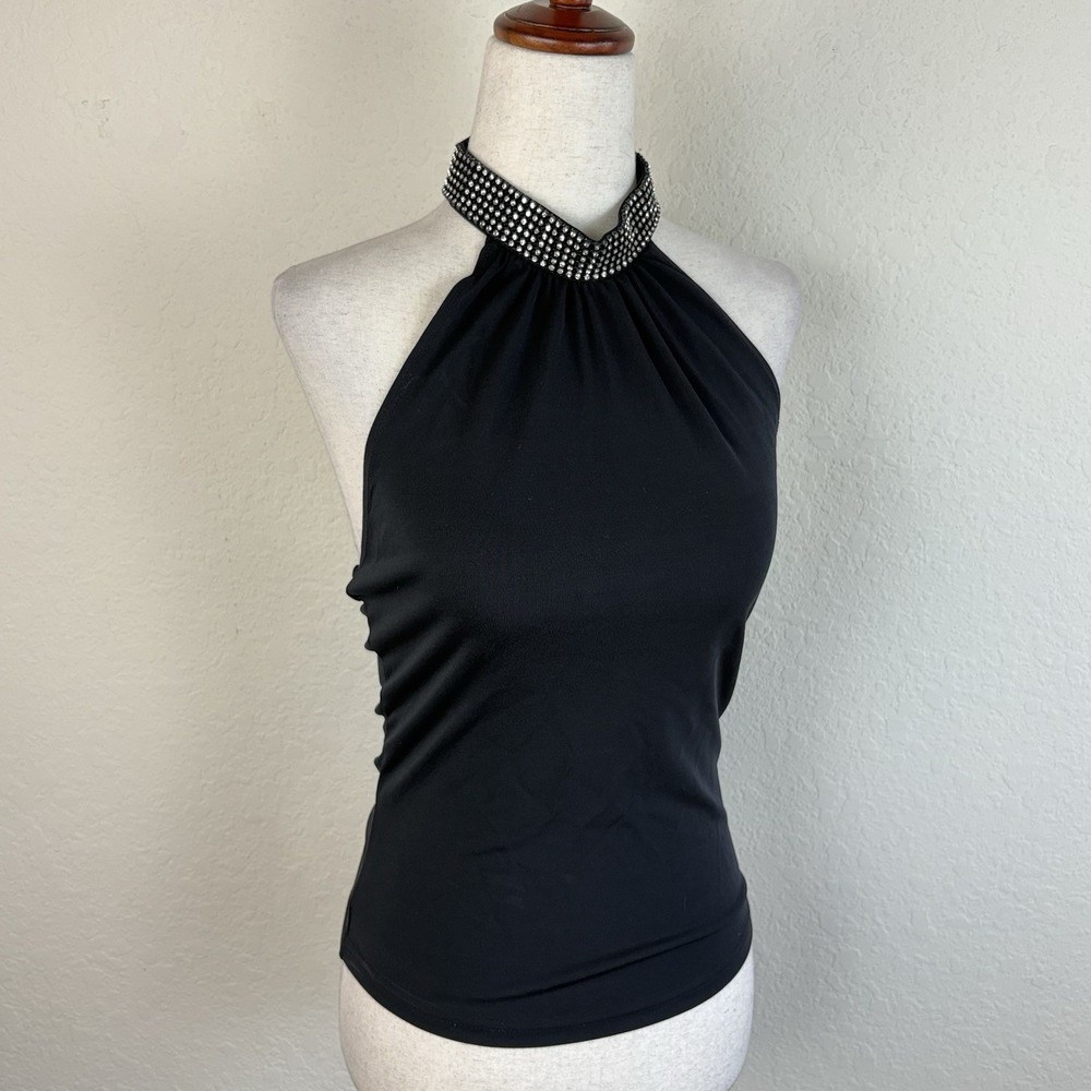 Y2K Vintage Halter Top Express Size M Party Rhinestone Black Fairy Goth 2000s